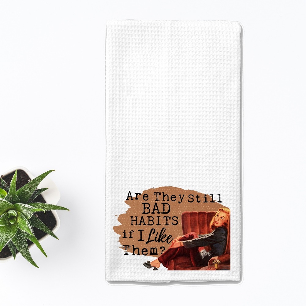 Vintage Style Bad Habits Waffle Weave Kitchen Towel White Funny Retro Graphic - Picture 6 of 9